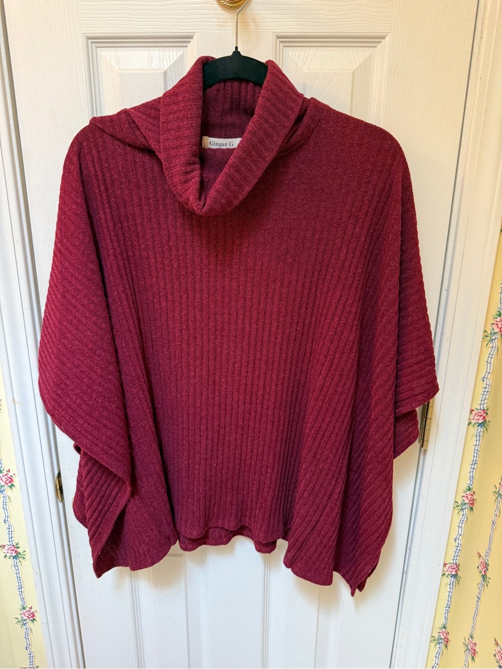 Ginger G Ribbed Cowl Neck Poncho Sweater - Wine Red